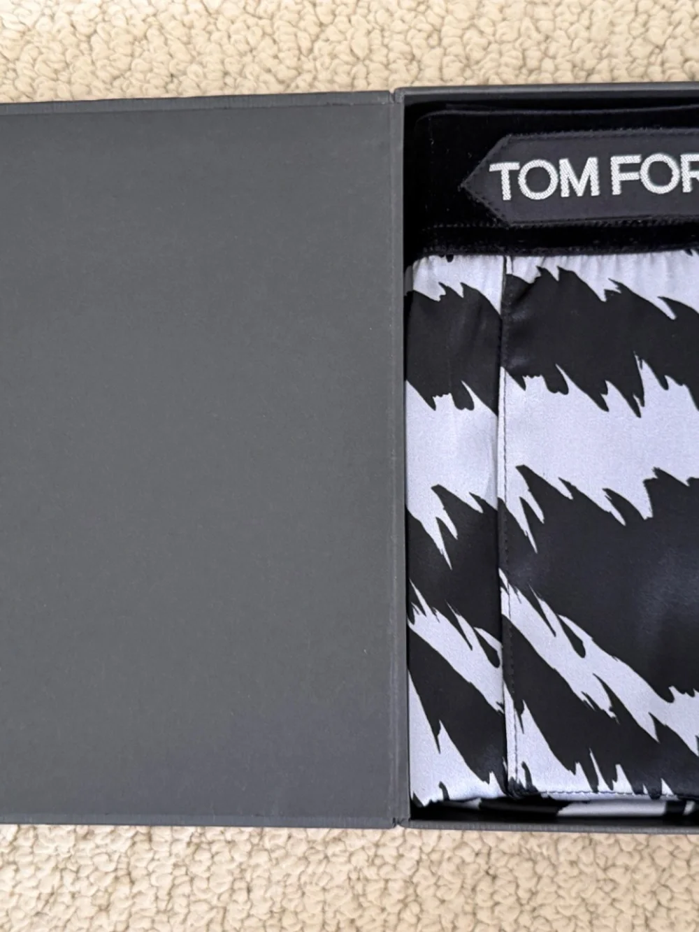 Tom Ford Gray Black Zebra Stretch Silk Logo Velvet Waistband Boxer Shorts